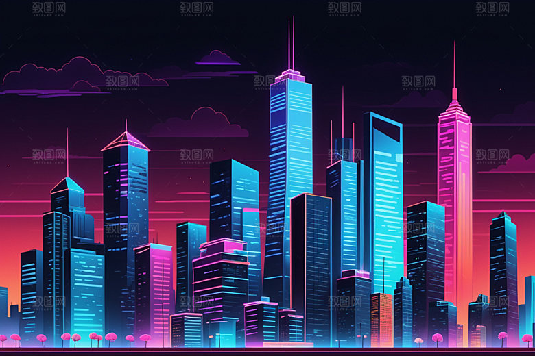 霓虹城市都市科技感插画