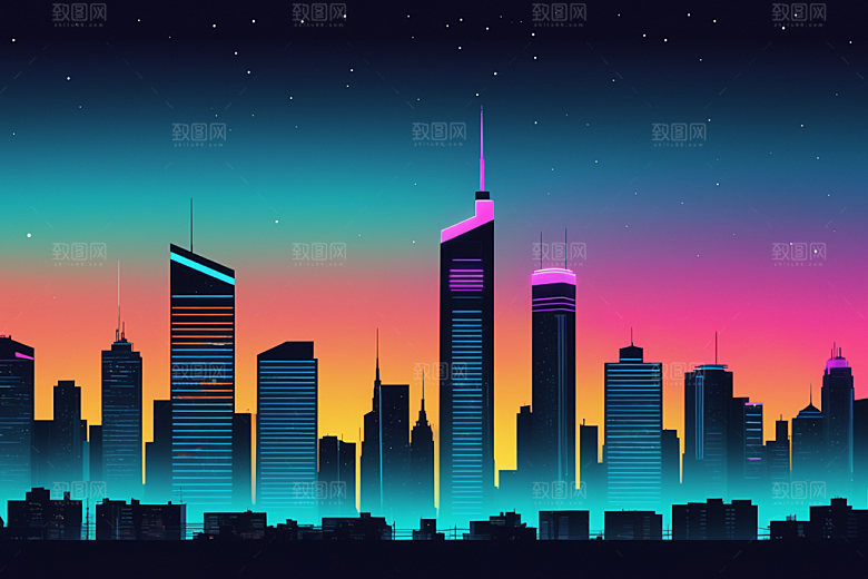 霓虹城市建筑彩色插画