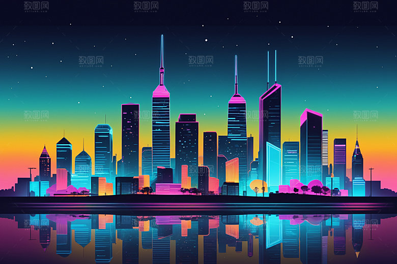 霓虹城市彩色未来插画