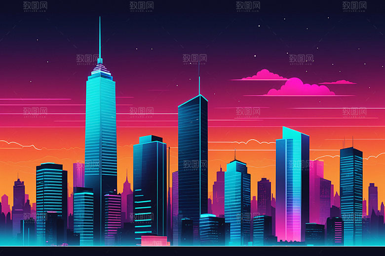 霓虹城市建筑都市插画