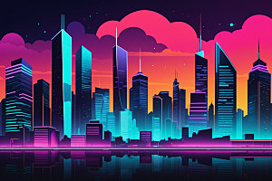 霓虹城市建筑都市插画