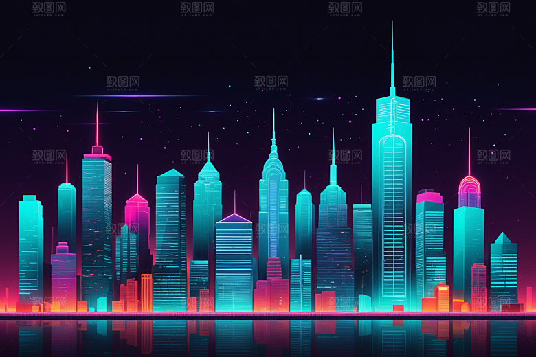 霓虹城市未来地标插画