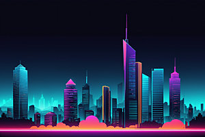 霓虹城市彩色建筑插画