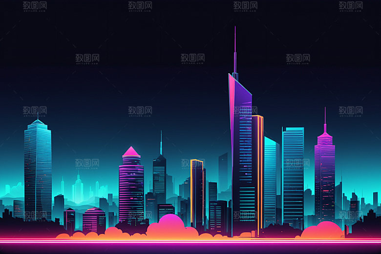 霓虹城市彩色建筑插画