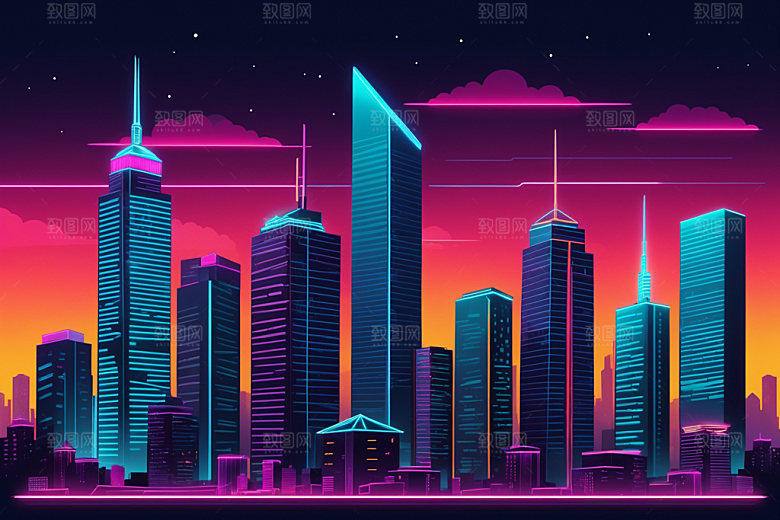 霓虹城市赛博朋克彩色插画