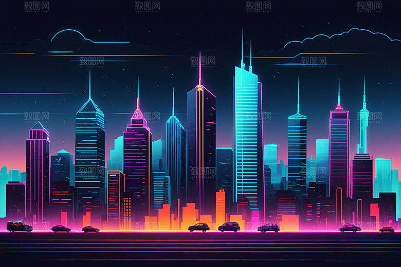 霓虹城市地标都市插画