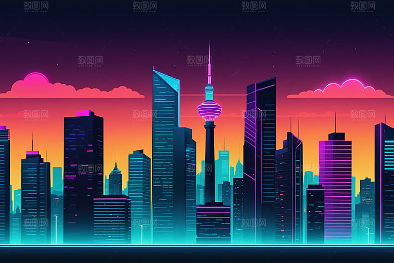 霓虹城市时尚彩色插画