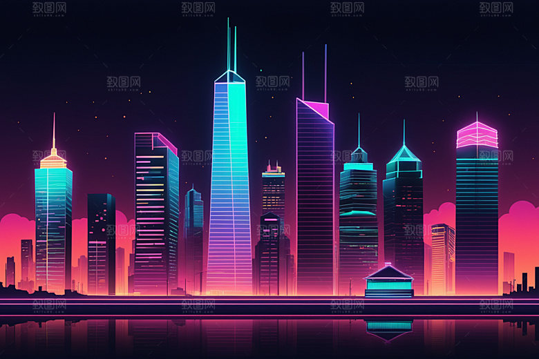 霓虹城市元素赛博朋克插画