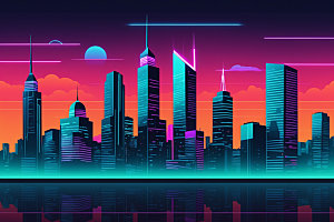 霓虹城市都市彩色插画