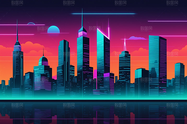 霓虹城市都市彩色插画