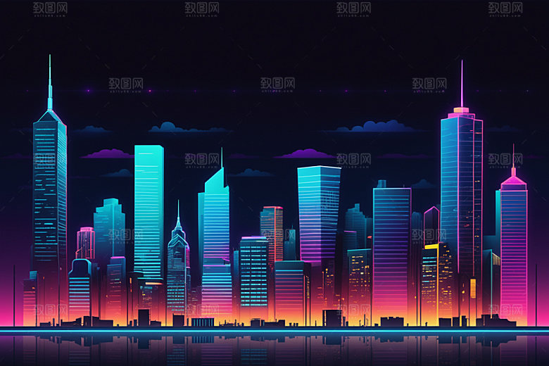 霓虹城市建筑都市插画