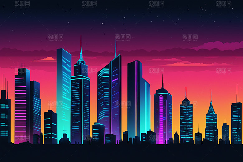 霓虹城市未来科技感插画