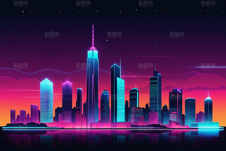 霓虹城市赛博朋克元素插画