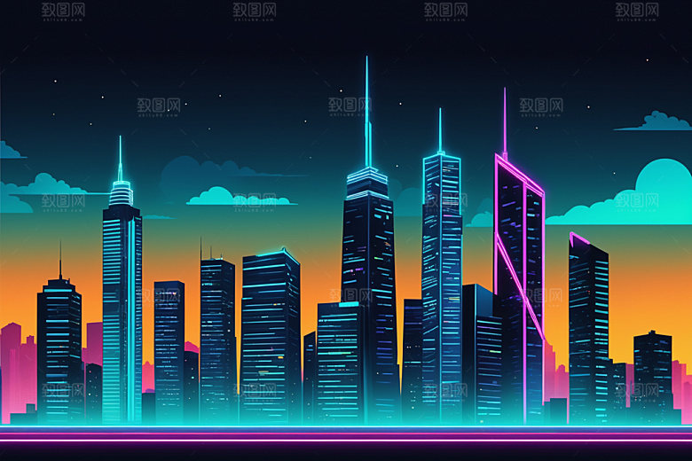 霓虹城市彩色时尚插画