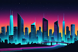 霓虹城市建筑赛博朋克插画