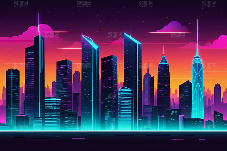 霓虹城市科技感未来插画