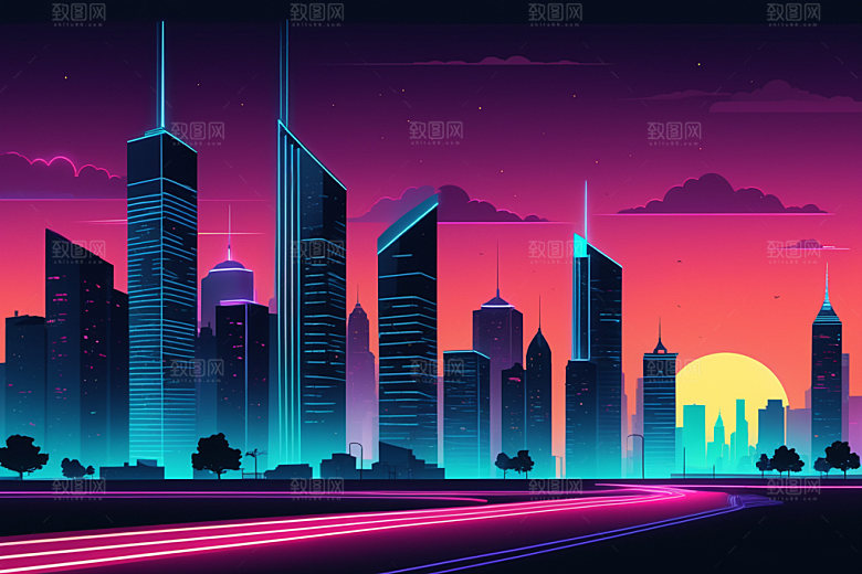 霓虹城市科技感赛博朋克插画