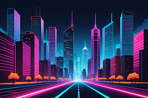 霓虹城市建筑科技感插画