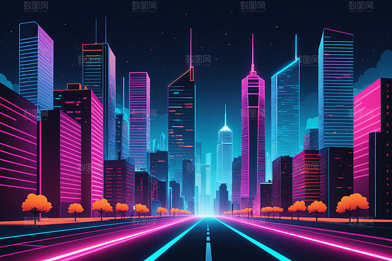 霓虹城市建筑科技感插画