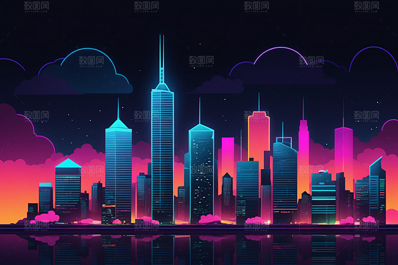 霓虹城市时尚建筑插画