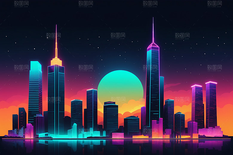 霓虹城市赛博朋克元素插画