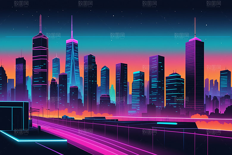 霓虹城市未来科技感插画