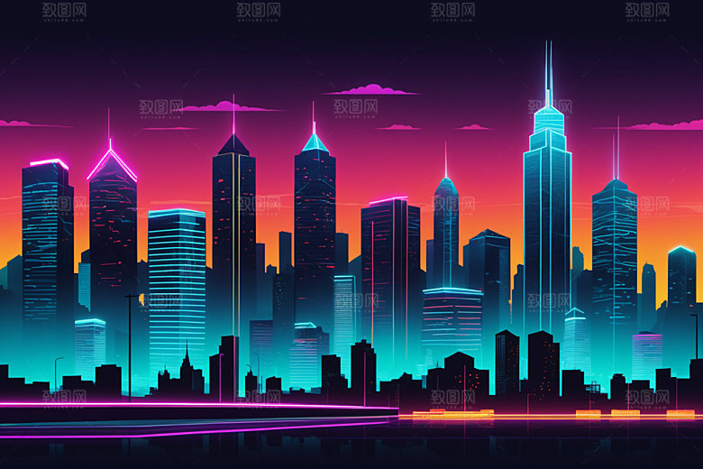 霓虹城市赛博朋克彩色插画