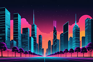 霓虹城市科技感赛博朋克插画