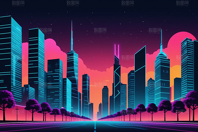霓虹城市科技感赛博朋克插画