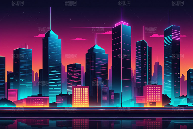 霓虹城市赛博朋克元素插画