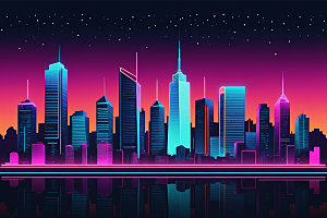 霓虹城市科技感建筑插画