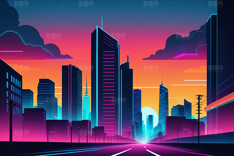 霓虹城市赛博朋克地标插画