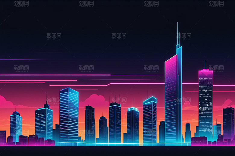 霓虹城市元素赛博朋克插画