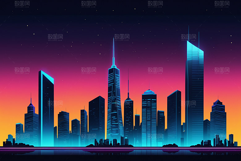 霓虹城市建筑元素插画