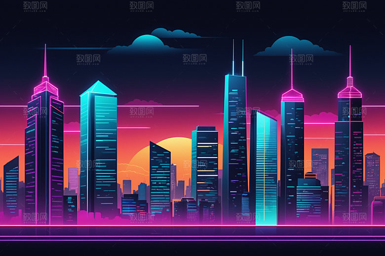 霓虹城市彩色科技感插画