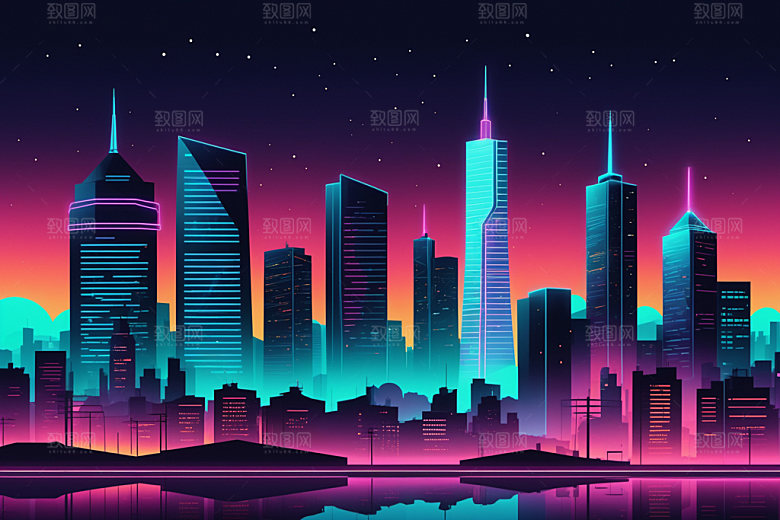 霓虹城市赛博朋克科技感插画