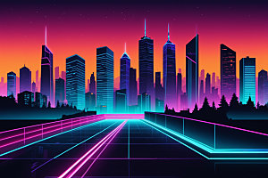 霓虹城市彩色科技感插画