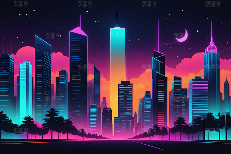 霓虹城市未来时尚插画