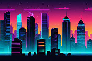 霓虹城市科技感地标插画
