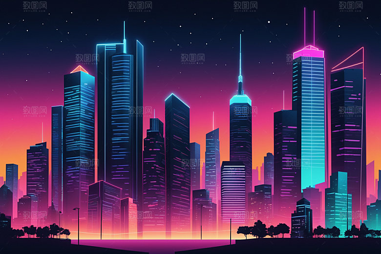 霓虹城市地标赛博朋克插画