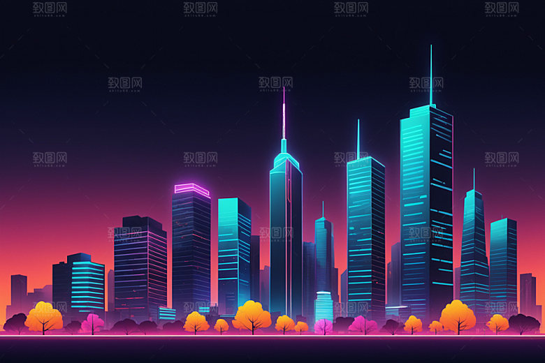 霓虹城市元素建筑插画