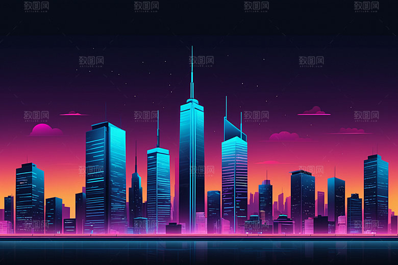 霓虹城市未来建筑插画