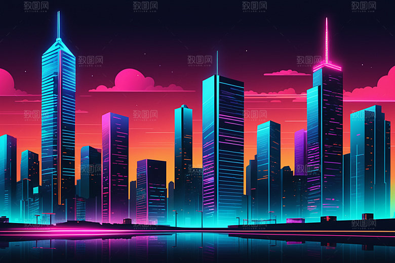 霓虹城市科技感都市插画