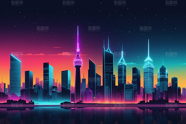 霓虹城市彩色赛博朋克插画