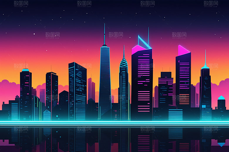 霓虹城市科技感建筑插画