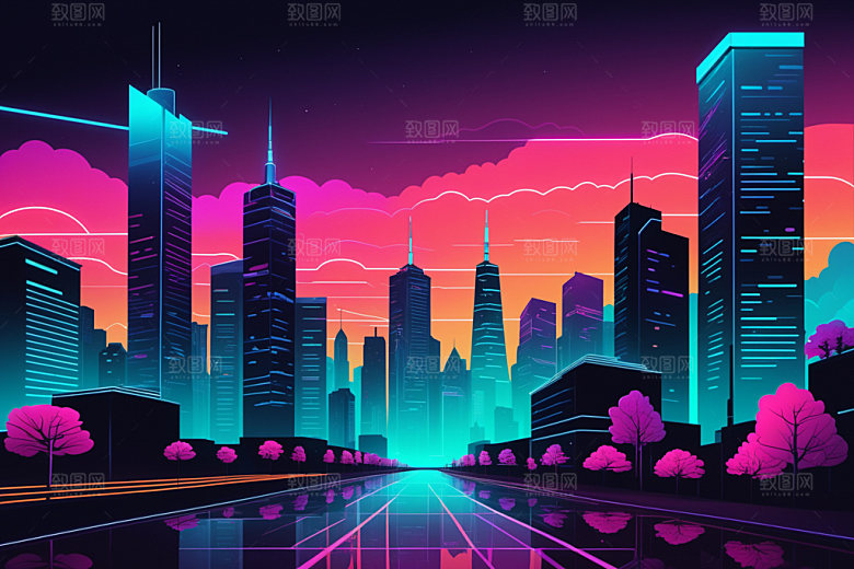霓虹城市科技感赛博朋克插画