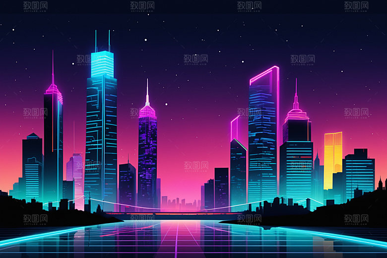 霓虹城市元素地标插画