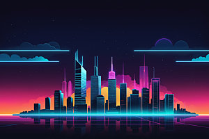 霓虹城市元素都市插画