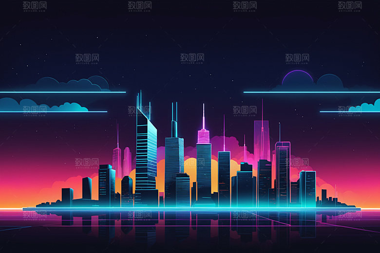 霓虹城市元素都市插画