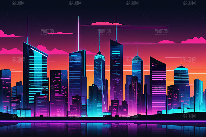 霓虹城市彩色元素插画